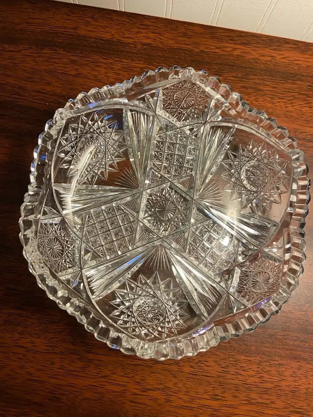 American Brilliant Period Cut Glass Crystal Bowl. Starburst and Lattice Patterns